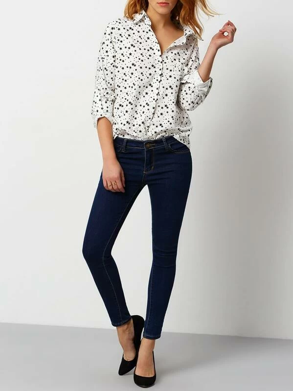 Blusa solapa manga larga estrellas blanco | Mode de Mujer Blusa solapa manga larga estrellas blanca | Mode de Mujer