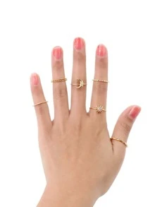 7 pcs Gold Rhinestone Moon Ring