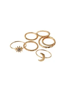 7 pcs Gold Rhinestone Moon Ring