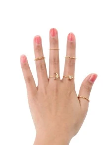 7 pcs Gold Rhinestone Moon Ring