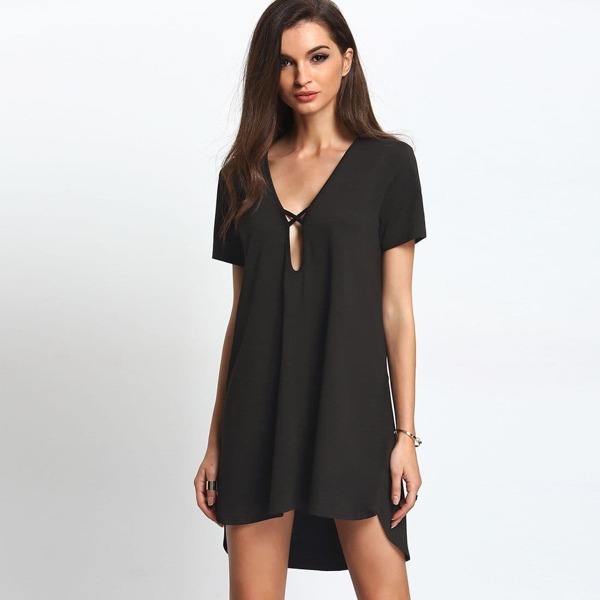 

Keyhole Plunging Dip Hem Dress, Black