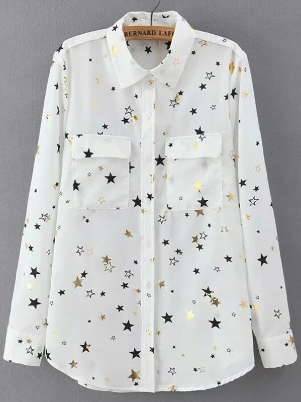 Blusa solapa manga larga con bolsillos estrellas blanco Blusa solapa manga larga estrellas blanca | Mode de Mujer