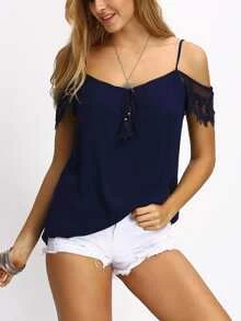 Open Shoulder Lace Sleeve Tassel Blouse