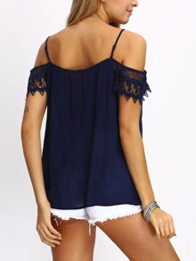 Open Shoulder Lace Sleeve Tassel Blouse