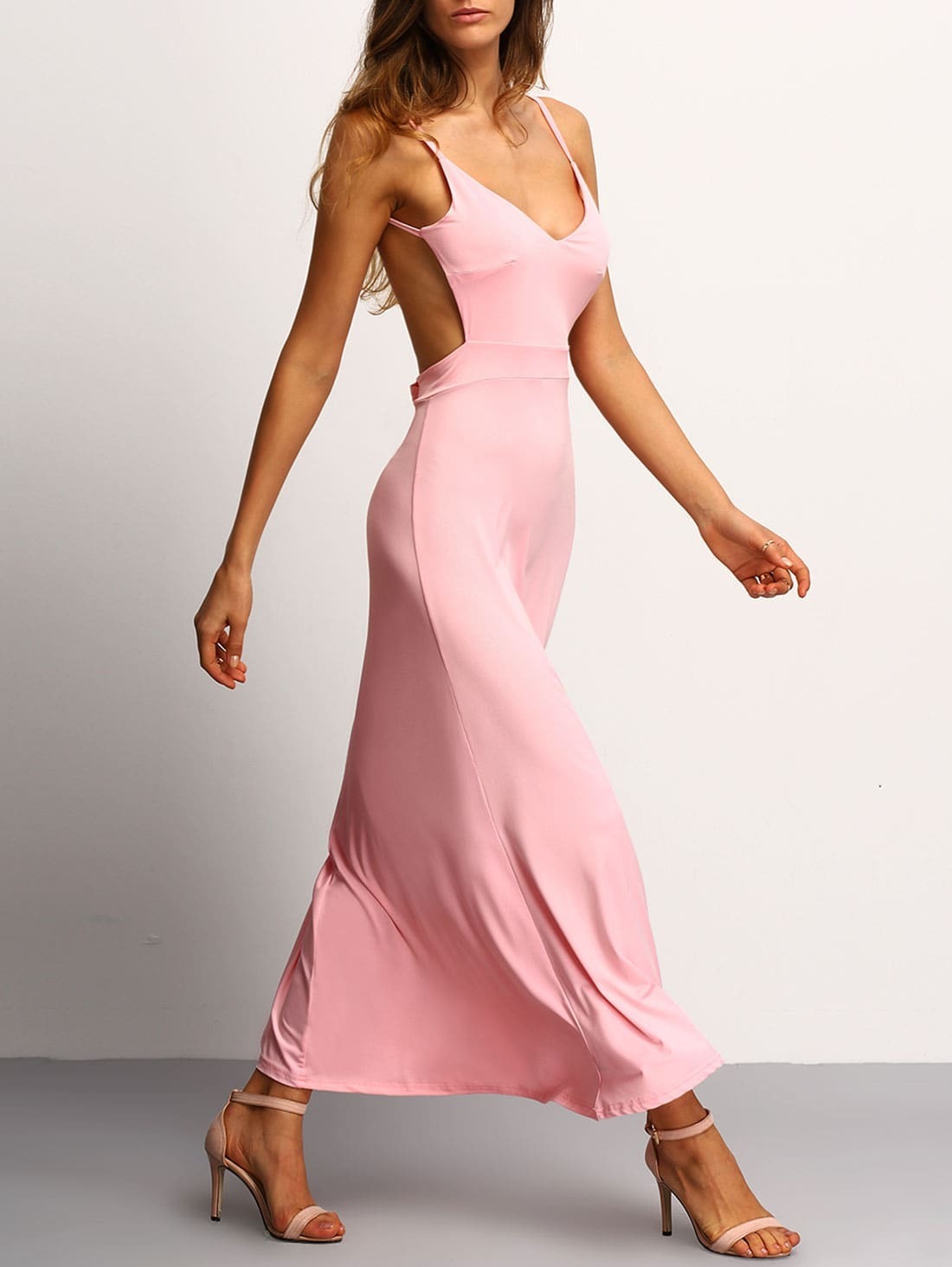 Pink Spaghetti Strap Backless Dress SheIn(Sheinside)