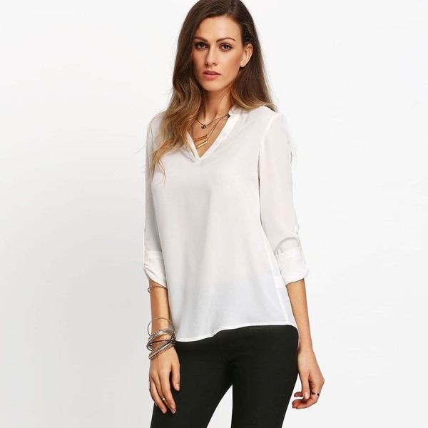 

Roll-Tab Sleeve V Cut Blouse