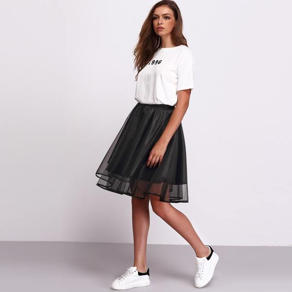 

Sheer Mesh Flare Skirt, Black