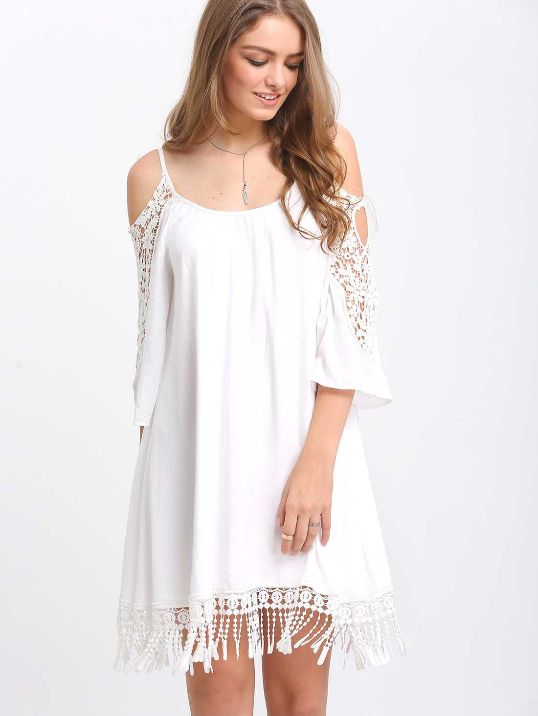 Open Shoulder Crochet Lace Sleeve Tassel Dress