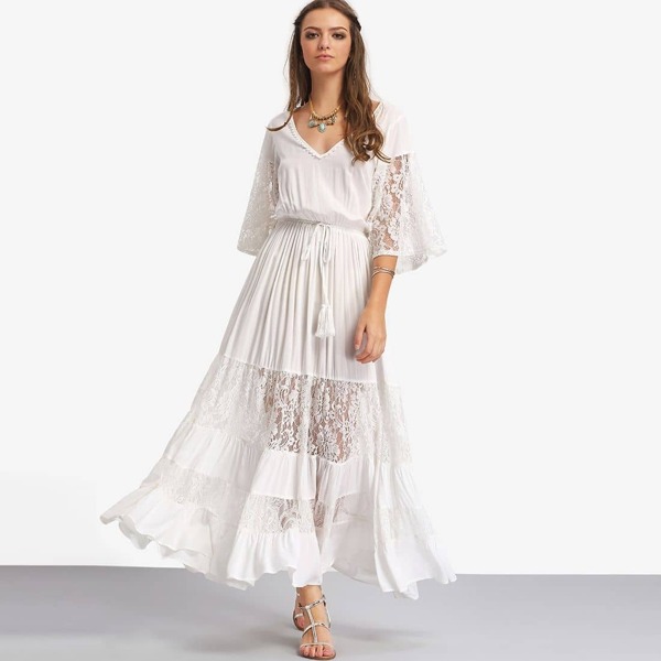 

Bell Sleeve Contrast Lace Tie Waist Maxi Dress
