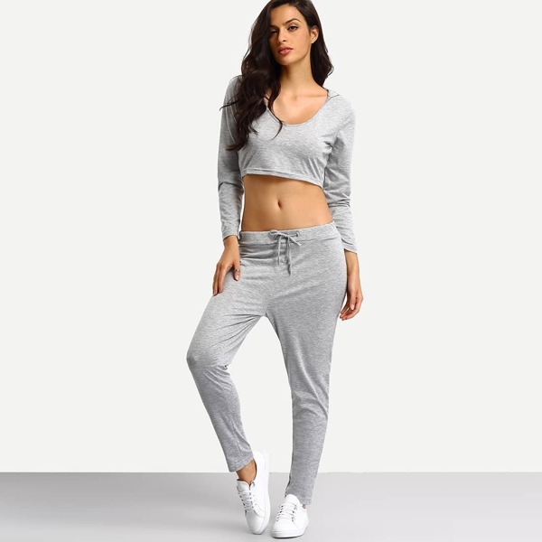 

Crop Hooded And Jogger Lounge Set, Grey