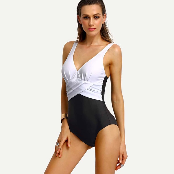 

Contrast Cross Wrap One-Piece Swimsuit, Black and white