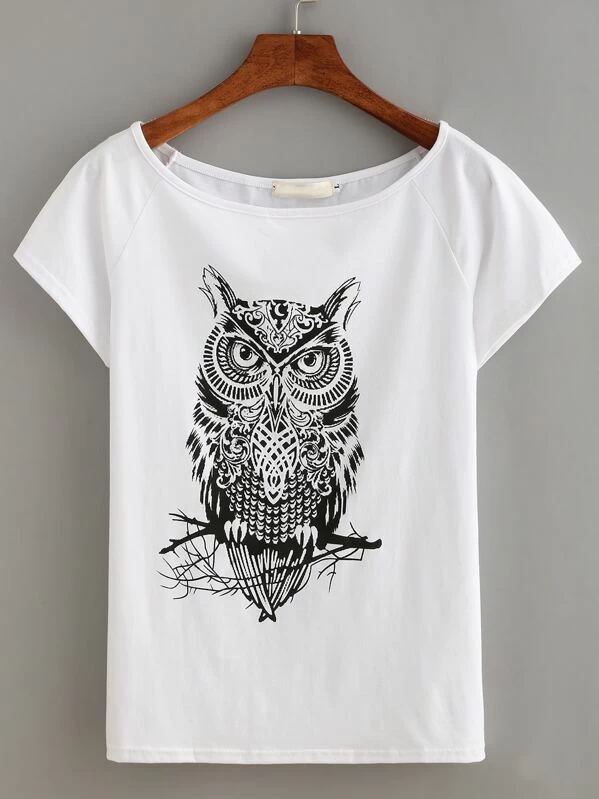 Camiseta buho manga corta blanco | Mode de Mujer | SHEIN España Camiseta De Manga Corta Con Estampado De Búho Buy Camiseta