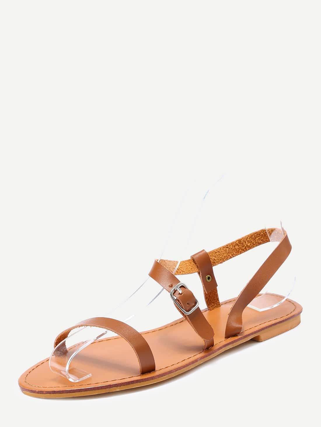 Brown Faux Leather Open Toe Sandals -SheIn(Sheinside)