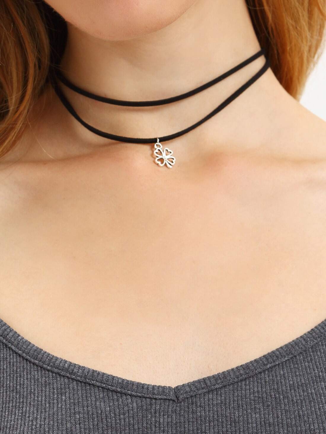 Layered Clover Pendant Choker Necklace SheIn(Sheinside)