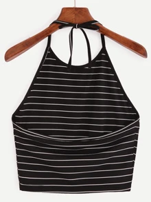 SHEIN Privé توب مخطط أسود رسن الياقة