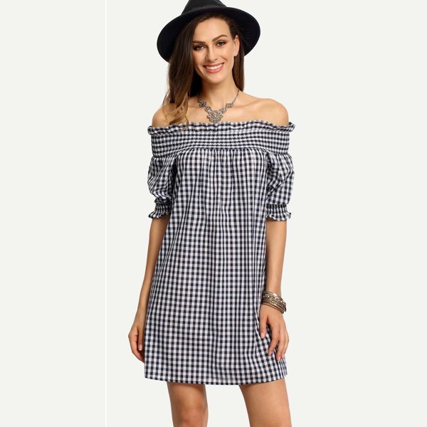 

Blue White Plaid Off The Shoulder Shirt Dress