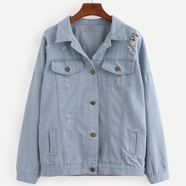 

Buttoned Front Ripped Denim Jacket