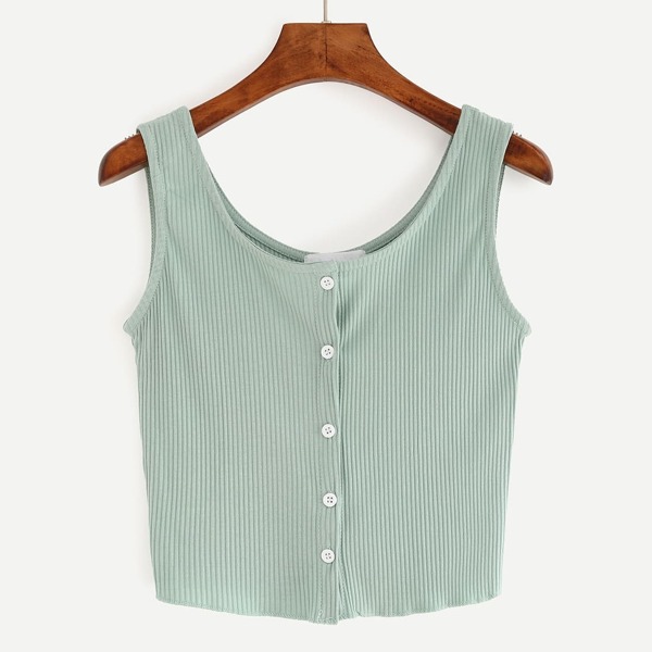 

Buttoned Front Ribbed Knit Crop Tank Top, Mint green
