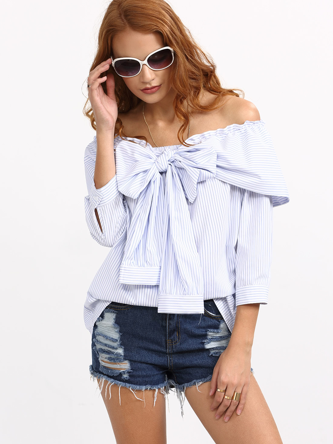 Blue Off Shoulder Puff Sleeve Wrap Front Ruffle Blouse The Look-For-Less: Caroline Constas Tops
