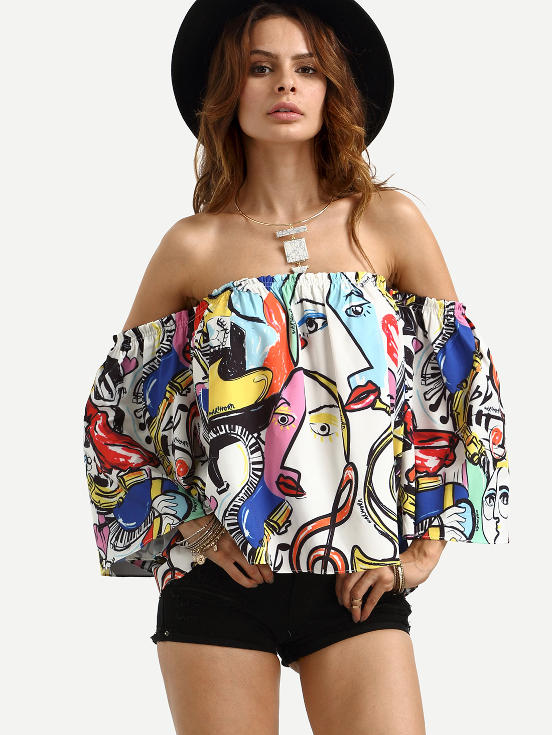 Off The Shoulder Graffiti Print Crop Top