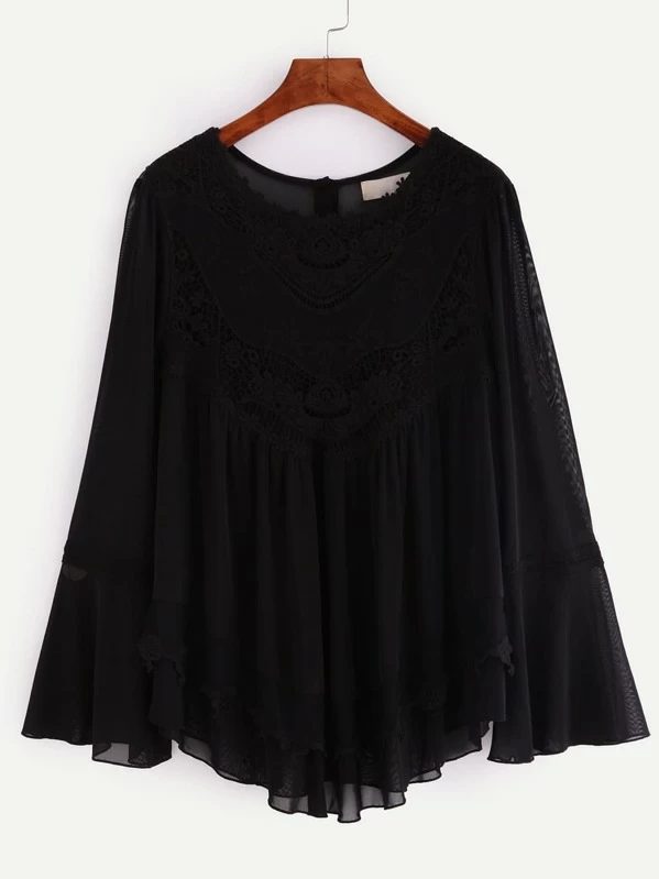 Blusa plisada de encaje manga larga negro | Mode de Mujer Blusas manga larga plisado Nude | Mode de Mujer | SHEIN España