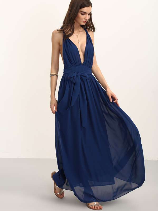 en V sin mangas con cinturón con Vestido marino azul cuello largo H2bWY9DIeE