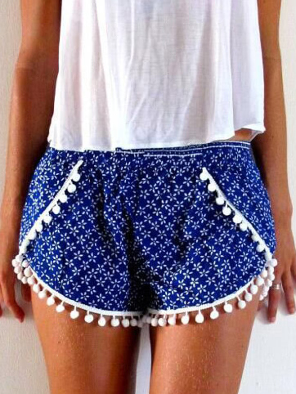 

Vintage Print Pom Pom Trim Shorts
