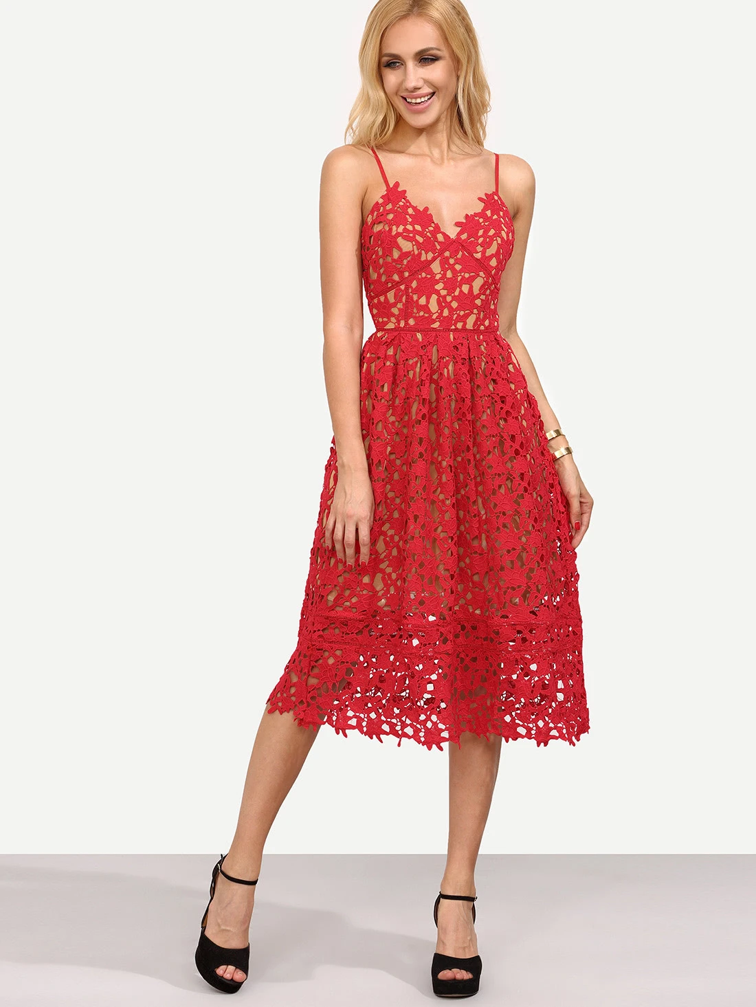 Hollow Out Fit & Flare Lace Cami Dress