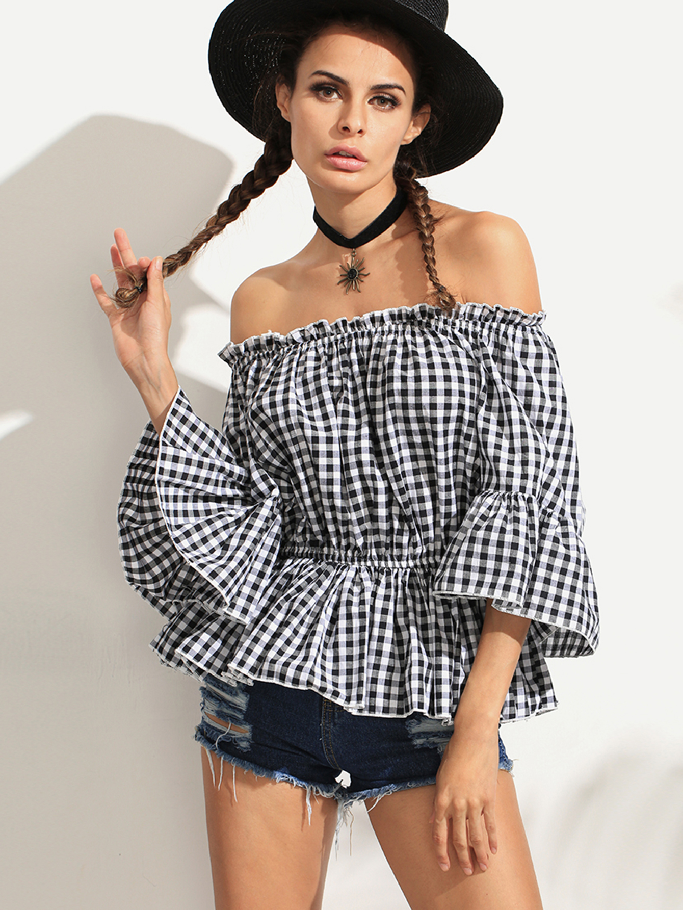 Blue Off Shoulder Puff Sleeve Wrap Front Ruffle Blouse The Look-For-Less: Caroline Constas Tops