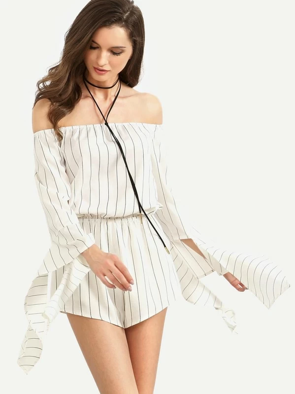 black and white striped off the shoulder jumpsuit