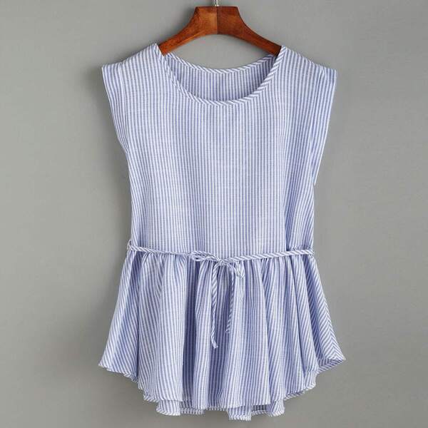 

Vertical Striped Self Tie Ruffle Hem Blouse, Blue