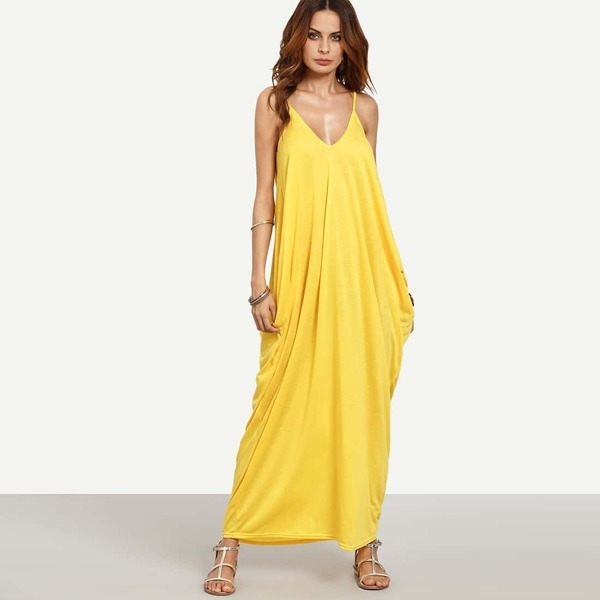 

V-neckline Plain Maxi Slip Dress, Yellow