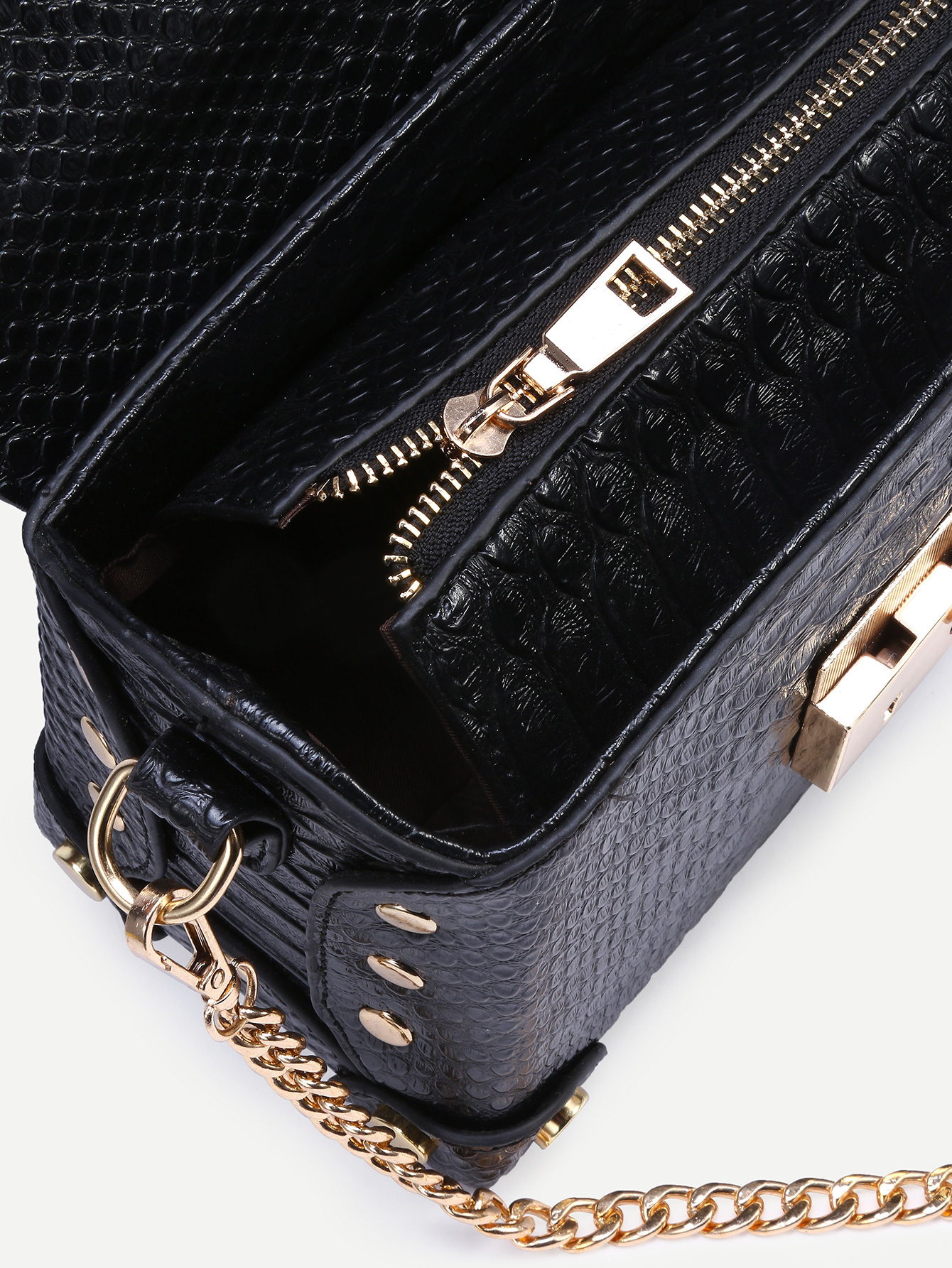 Black Crocodile Embossed Box Bag With Chain Strap SheIn(Sheinside)