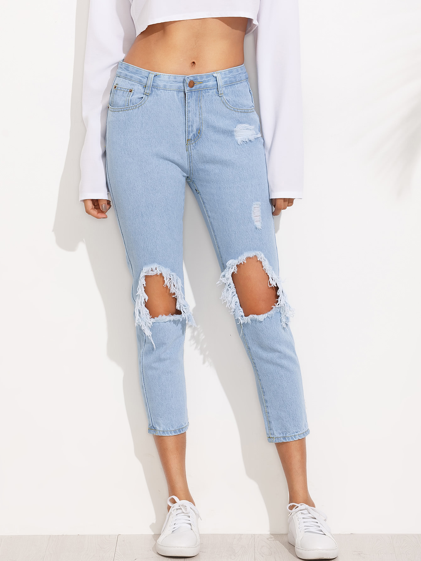 Blue Knee Ripped Skinny Ankle Jeans