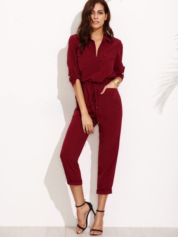 SHEIN Tie Waist Pocket Rolled Sleeve Jumpsuit SHEIN USA