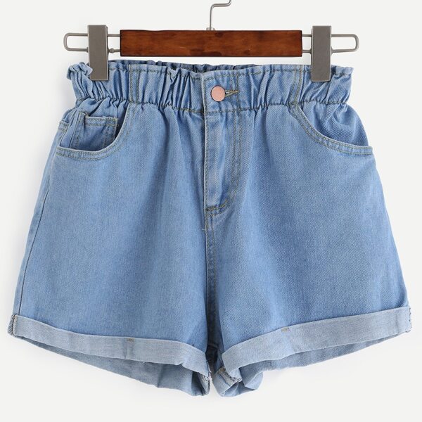 

Elastic Waist Roll Hem Denim Shorts
