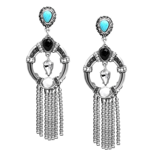 

Silver Turquoise And Rhinestone Embellished Fringe Earrings