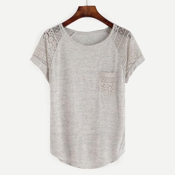 

Contrast Lace Raglan Sleeve Tee, Light grey