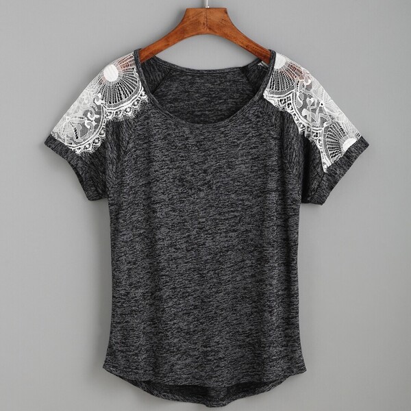 

Heather Grey Contrast Lace Raglan Sleeve T-shirt, Dark grey