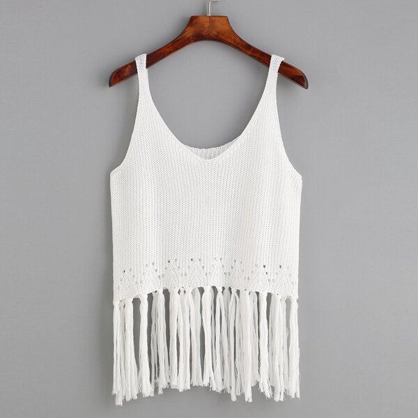 

Fringe Trim Knit Tank Top, White
