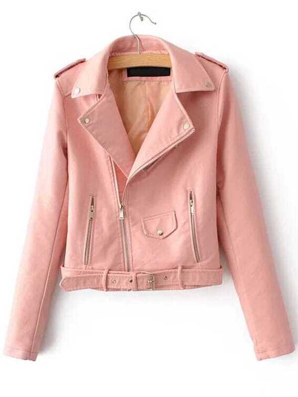 Pink Faux Leather Belted Moto Jacket With Zipper Shein Sheinside