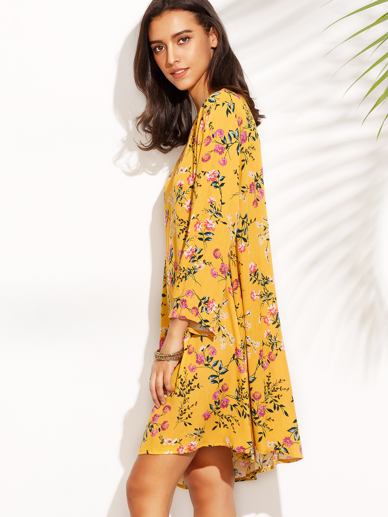 Yellow Floral Print Long Sleeve Shift Dress SheIn(Sheinside)