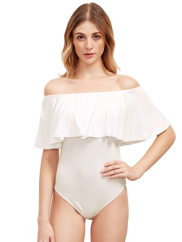 

Белый рюшами с плеча BodySuit, Yana