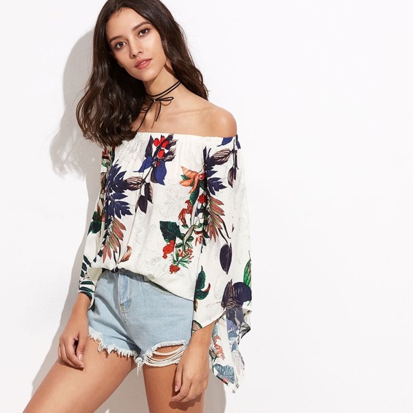 

Tropical Print Off Shoulder Trumpet Sleeve Top, Multicolor