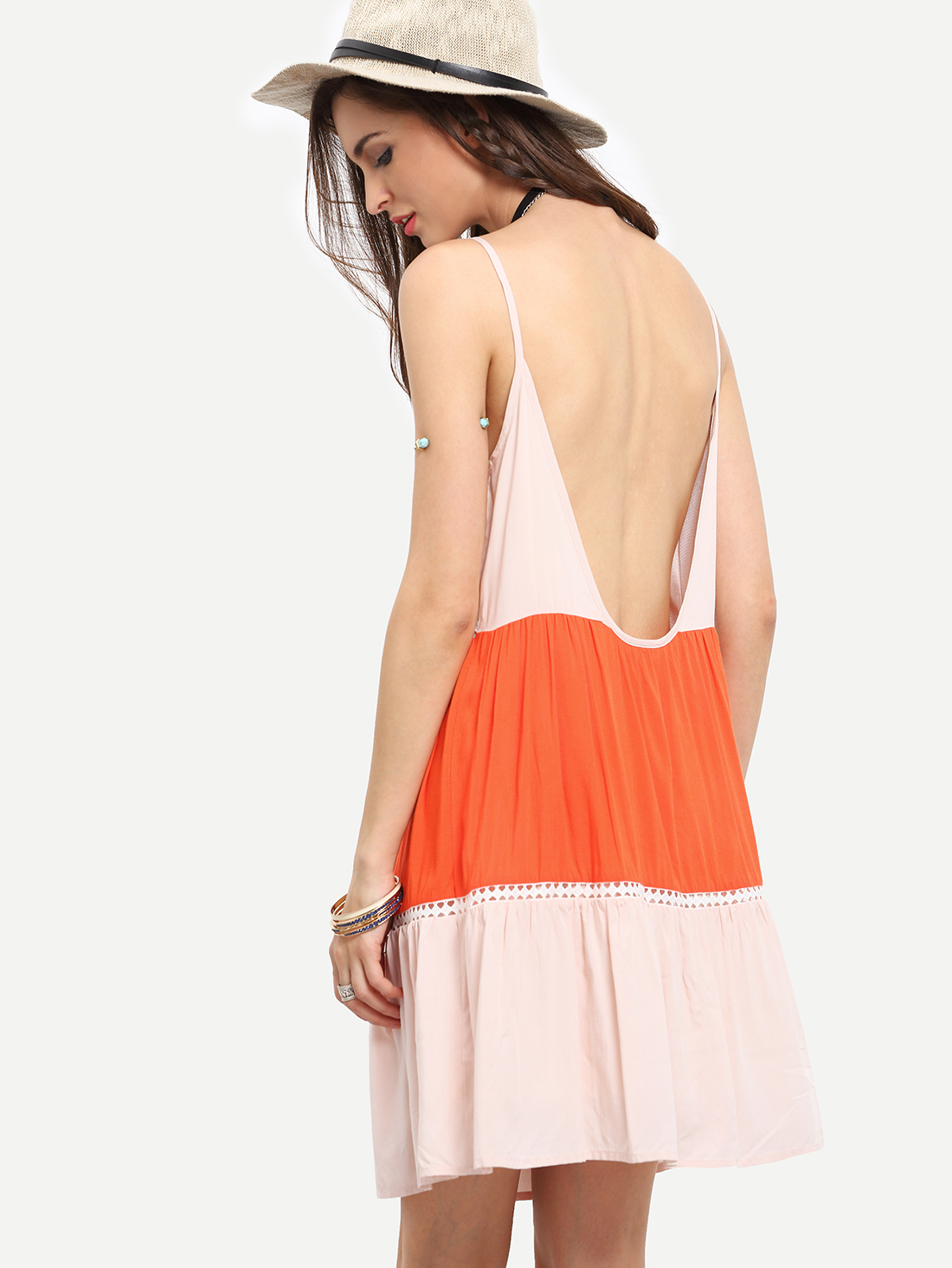 Spaghetti Strap Backless Color Block Playsuits