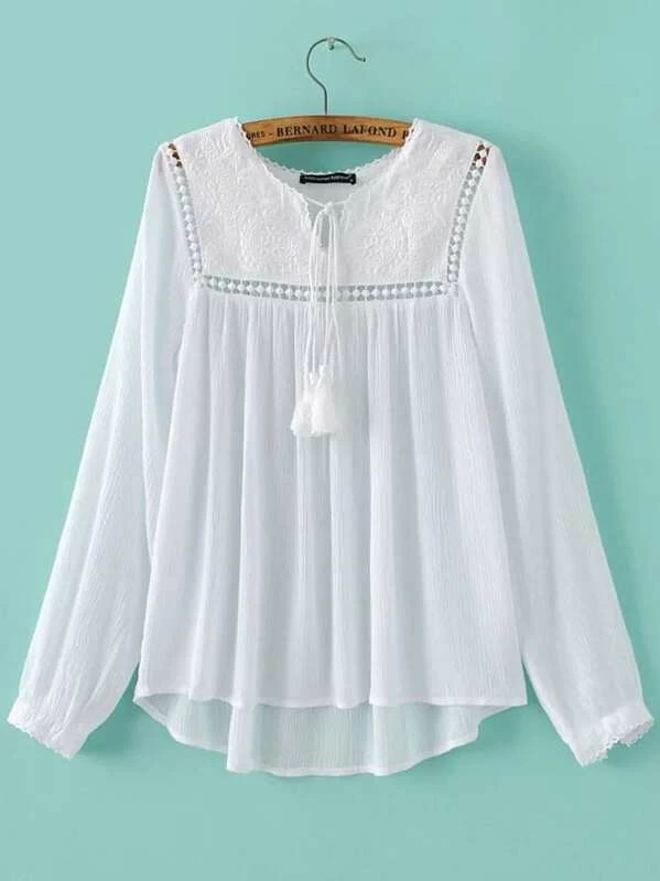 Blusa plisada de manga larga con bordado blanco | Mode de Blusas manga larga plisado Nude | Mode de Mujer | SHEIN España