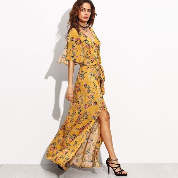 

Yellow Print Split Side Maxi Dress