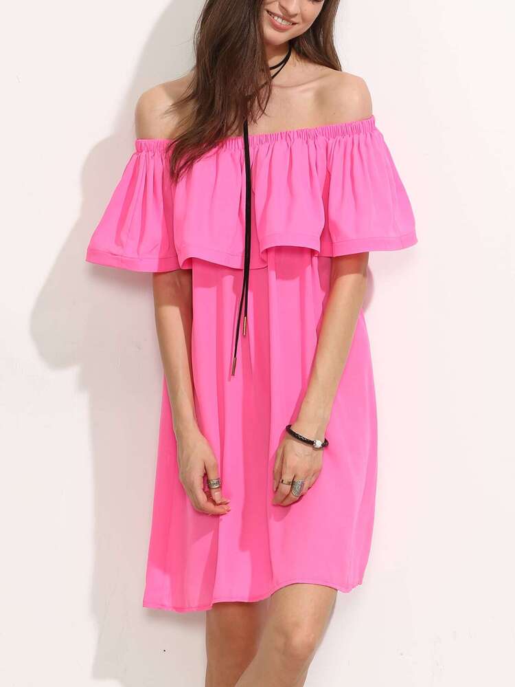 pink ruffle off the shoulder dress