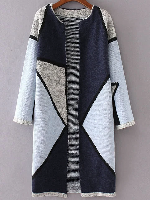 collarless hooded color block longline cardigan