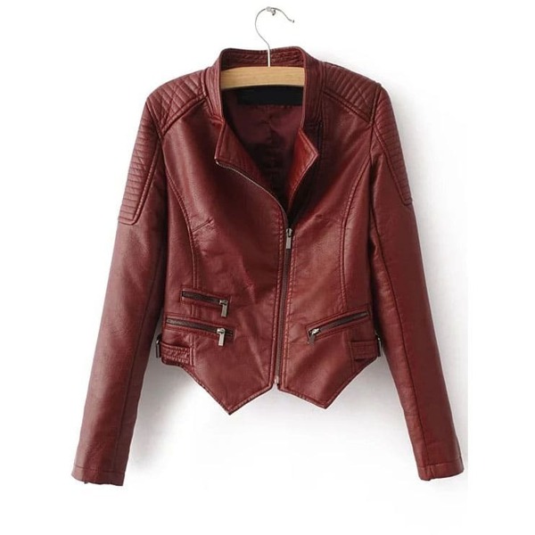 

Red Oblique Zipper Asymmetrical Crop PU Jacket